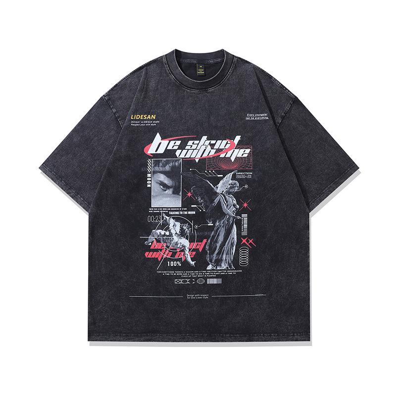 American Retro Black Washed Trend Printed Short-Sleeved T-Shirt Vintage Cotton Loose Top Men