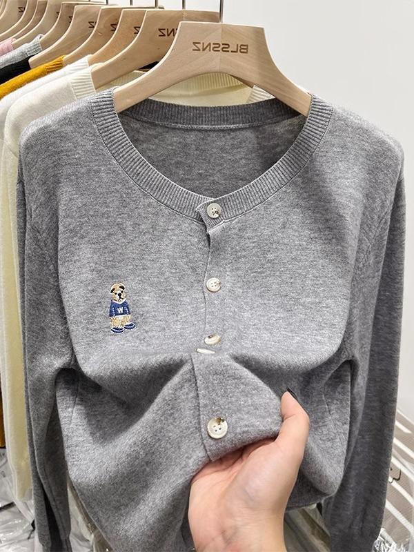Retro Schwarzer Strick-Cardigan mit Bärenstickerei für Damen - Herbst/Winter Kollektion