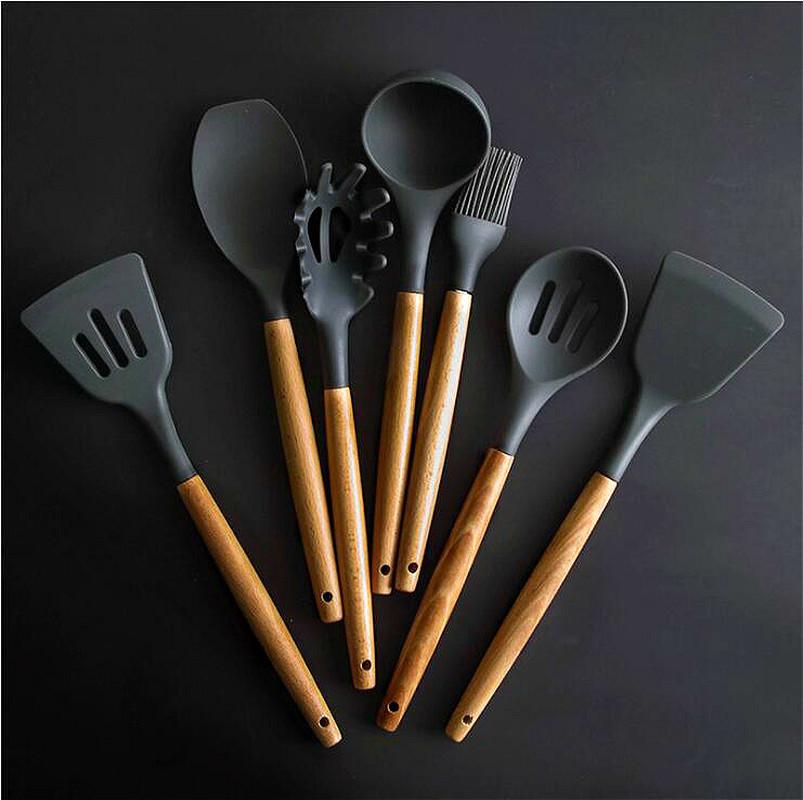 9 PCS/LOT Silicone Kitchen Tools Cooking Sets Soup Spoon Spatula Non-stick Shovel with Wooden Handle Special Heat-resistant