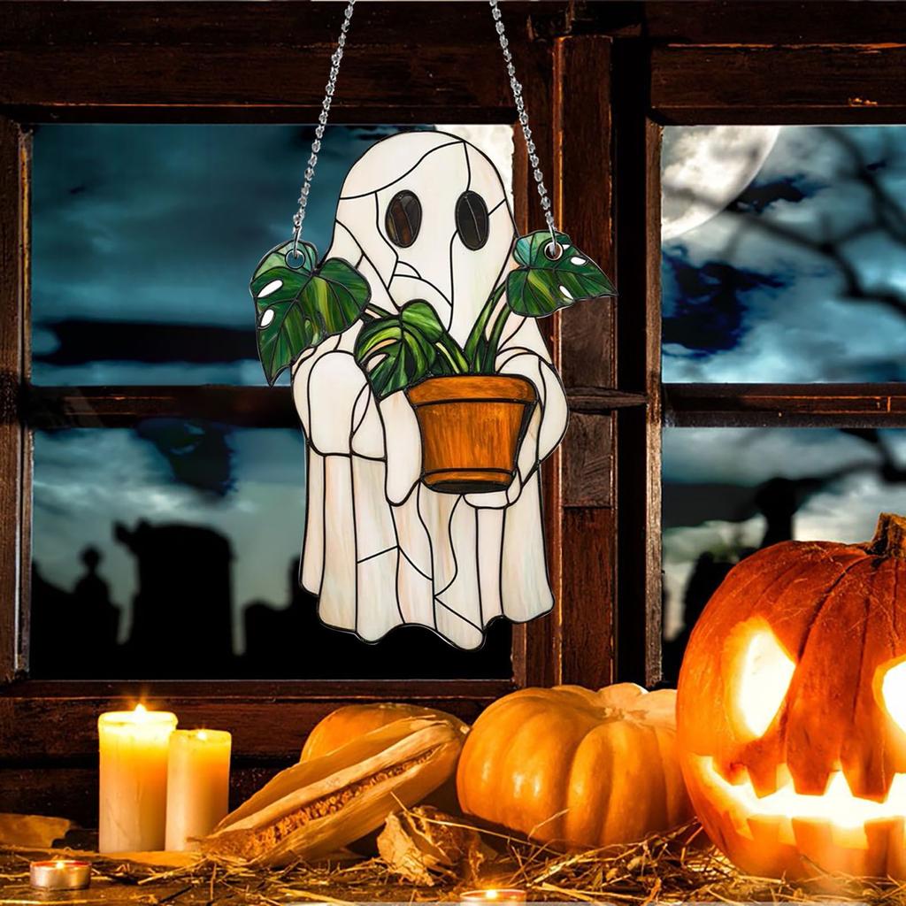 Halloween Ghost-Themed Painted Wooden Hanging Ornament