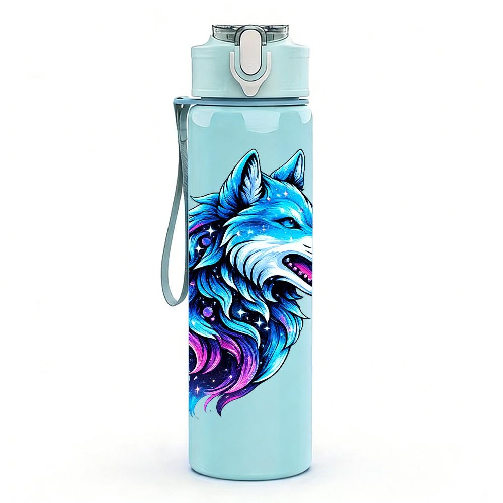 1PC Blue Purple Wolf Fantasy Animal Print 750ml Color Plastic Sports Water Bottle Leakproof Flip Straw Lid Suitable for Sports Office Home Use