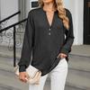 Women's Fashionable Solid Color V-neck Long Sleeved Button Casual Pullover Top