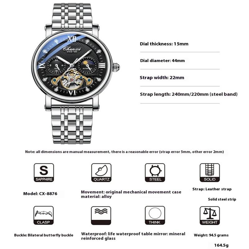 CHENXI Fashion Automatic Mechanical Watch Sun Moon Phase Tourbillon Waterproof Leather Strap Alloy Case Men's Watch