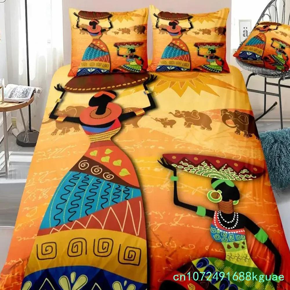 African Woman King Queen Duvet Cover Retro Exotic Tribal Black Girl Pattern Bedding Set Africa Polyester Quilt Cover Pillowcase