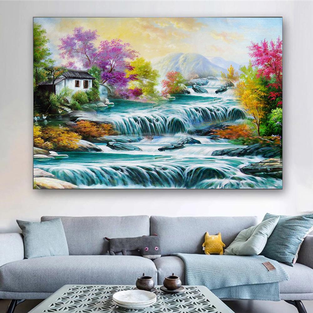 Abstract Landscape WaterFall Canvas Painting Modern Wall Art Print Decorative Picture Modern Living Room Decor
