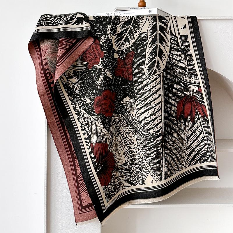 Style Floral Lines Texture Fashion Printing Double-Sided Imitation Cashmere Warm Scarf Women'S Outer Shawl