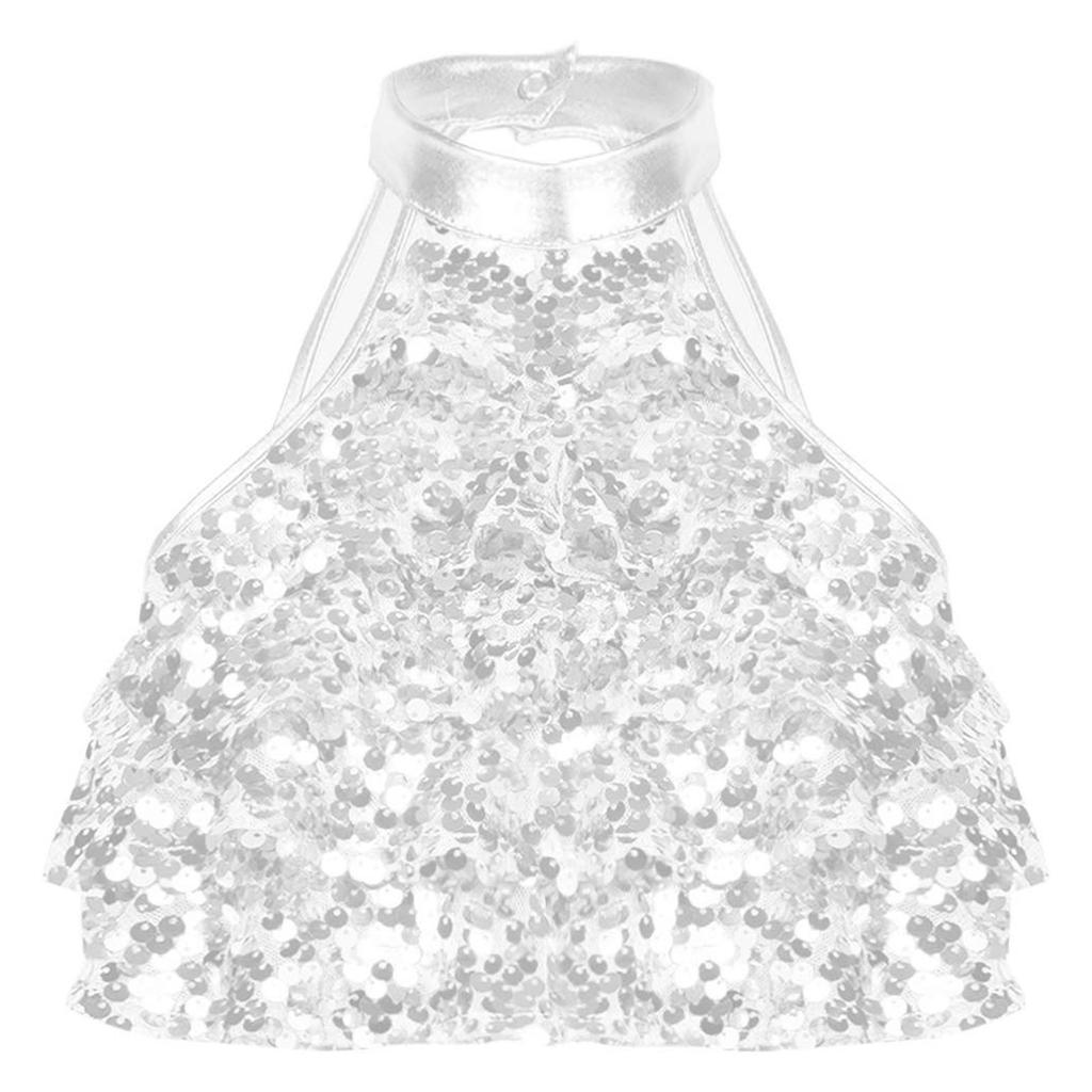 Girls Sleeveless Mock Neck Shiny Sequin Tiered Backless Crop Top Dance Performance Top
