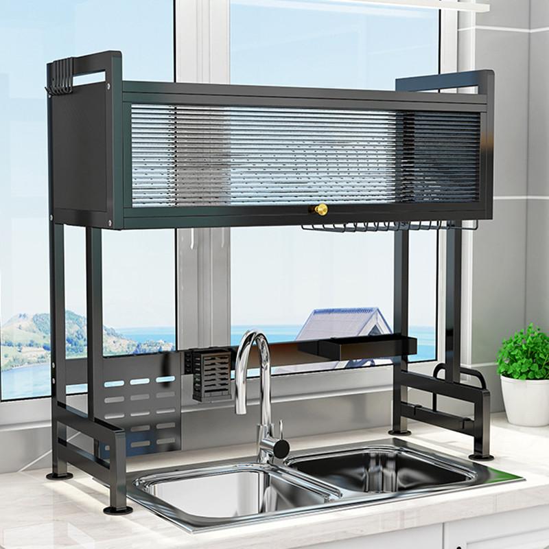 Kitchen Shelf Bowl Rack Sink Draining Rack Dish Rack Cupboard with Door Sink Storage Kitchen StorageRack Dust Adjustable Height