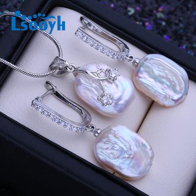 Natural Freshwater Big Baroque Pearl Necklace Square Pendant Fashion Drop Earrings For Women Pearl Jewelry Sets