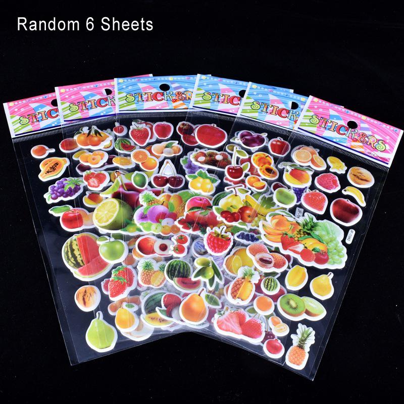 

6 Sheets Kids Stickers 3D Puffy Bulk Stickers for Girl Boy Birthday Gift Scrapbooking Fruit Vegetable Cartoon Stickers Toys GYH