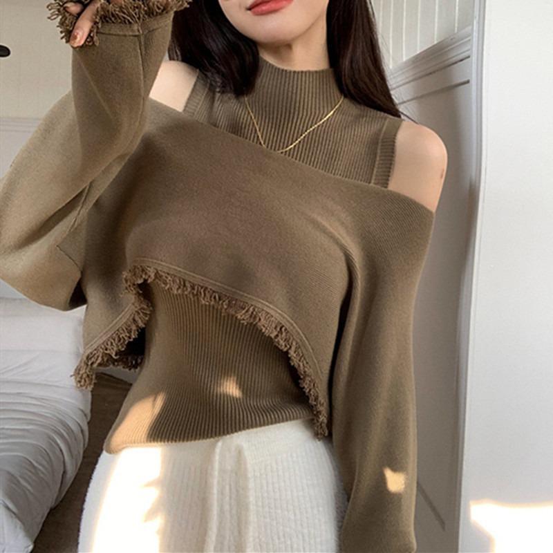 

Женский комплект из двух предметов с длинными рукавами с необработанными краями и вязаным свитером с полуводолазкой One size