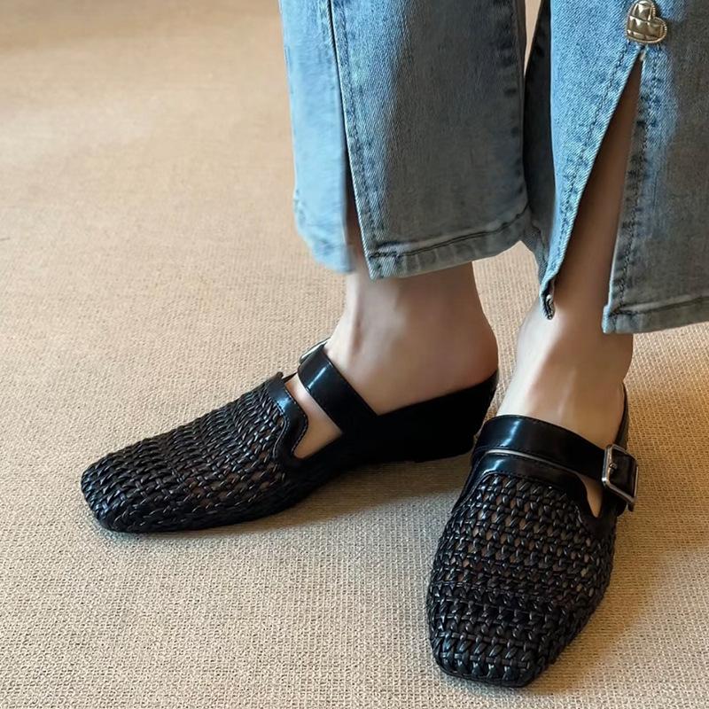 Sheepskin Version~ Woven Holiday Slope Heel Bag Head Cool Slippers Women Wear One-pedal Belt Buckle Shoes