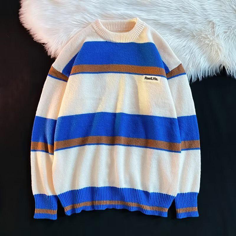 Unisex Oversized Long Sleeve Knit Sweater Casual Loose Fit Striped Design Fall Winter Pullover Youth