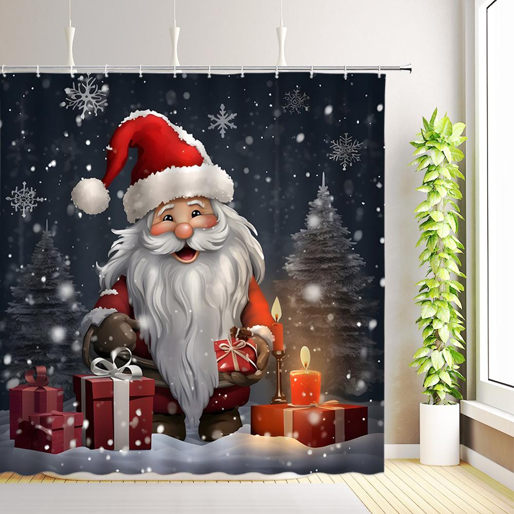 Merry Christmas Happy New Year Shower Curtain Santa Claus Snowman Reindeer Winter Snowflake Xmas Bathroom Decor with Hooks