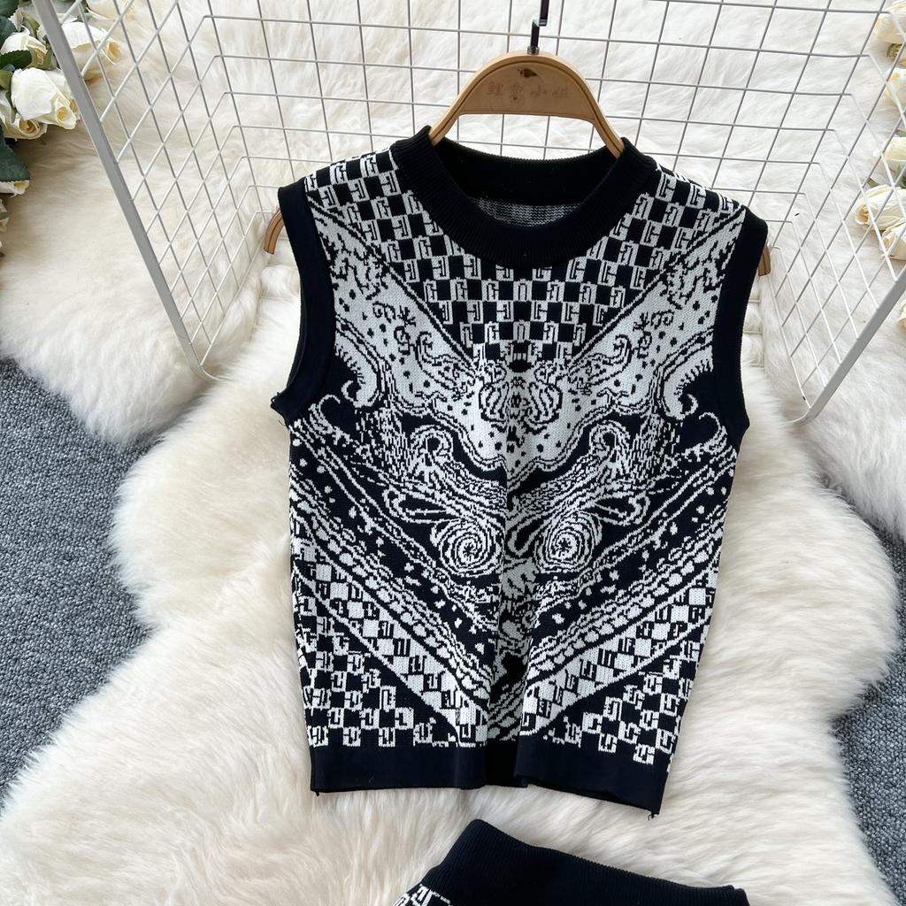 Letní dámský vintage barokní potisk přehlídkový dvoudílný set pletený svetr pulovr tílko topy a bodycon pouzdrová sukně outfity