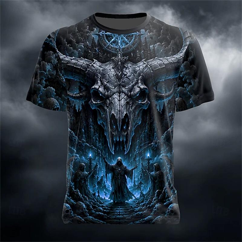 Men's New Summer Fashion Trend Round-Neck T-Shirt Giant Ram Skull Castle Wizard Dark Magic Hell Halloween-Themed Short-Sleeve