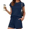 Women's Round Neck Short Sleeve Loose Fit Pleated Solid Color 2 Piece Loungewear Set Drawstring Waist Casual Shorts Daily Sleepwear Outfit