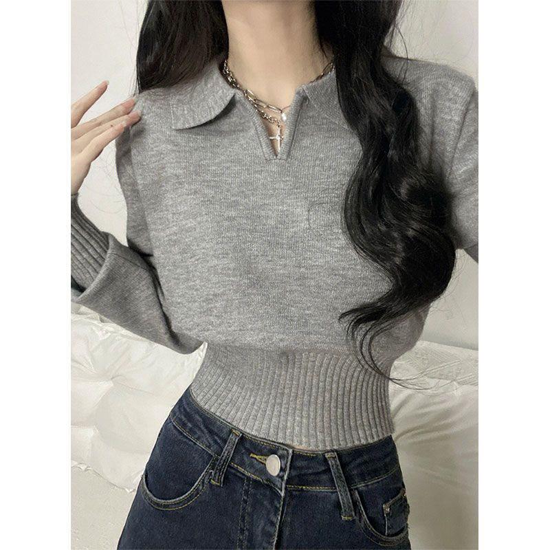 

Slimming Gray Knit Lapel Sweater for Women - Sweet and Spicy Spring/Autumn Style L - Recommended for 52.5-57.5 kg