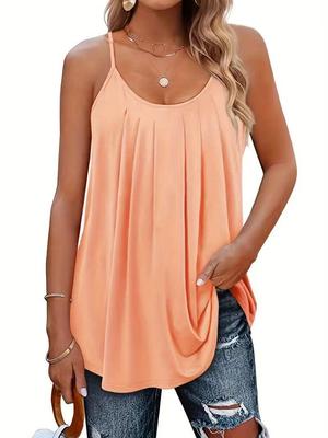 European & American Plus Size Solid Color Ruched Spaghetti Strap Camisole - 2025 Summer Fashion Elegant Loose Casual Tank Top