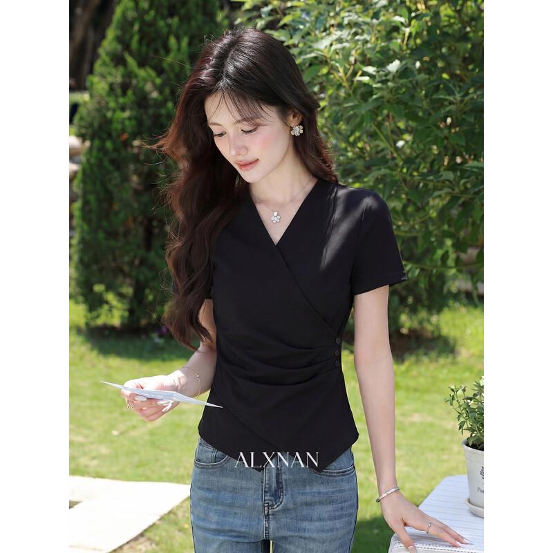 Women s French V-neck Short-Sleeve T-shirt L чёрный