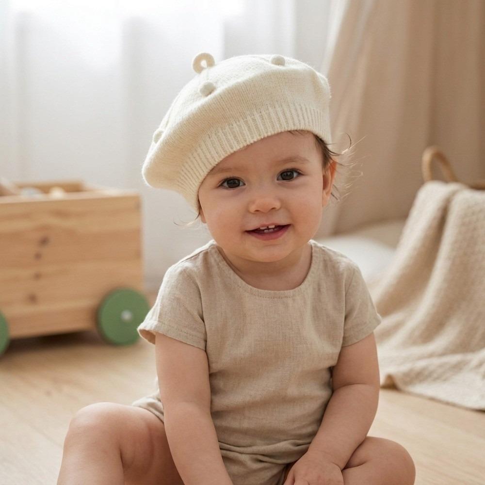 Soft Kids Knitted Beret Hat Solid Color Painter Cap Cute Pom Pom Beanie Infant