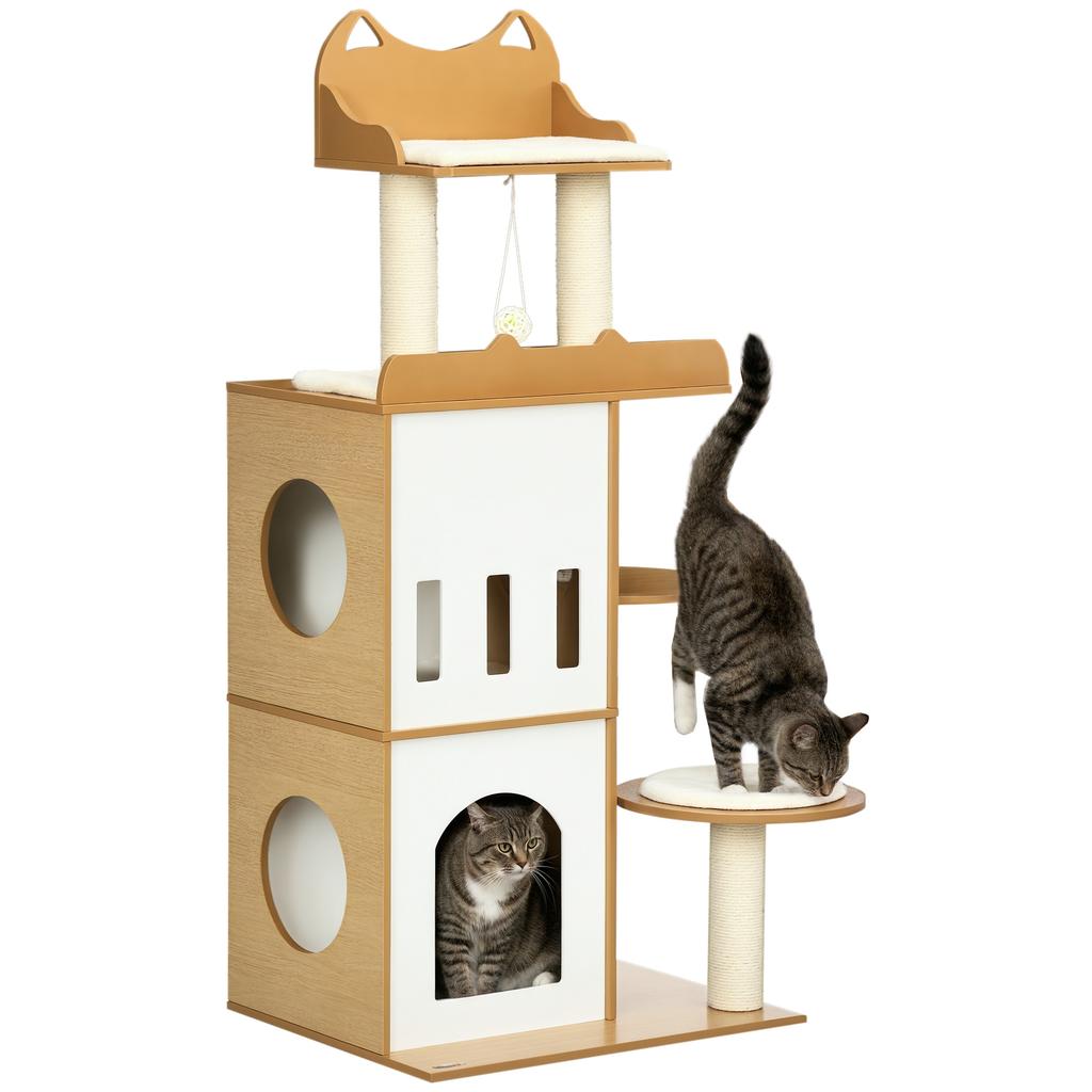 MDF Cat Tree with Cat Scratching Post, 2 Cat Houses, Perches and Play Ball, 60x48x133 cm