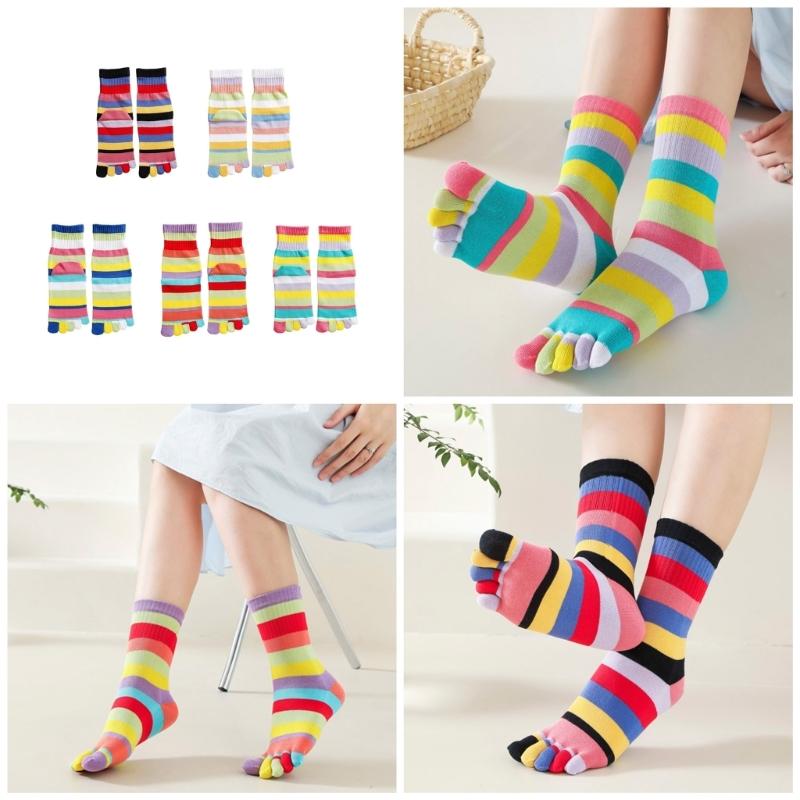Calzini a strisce arcobaleno a tubo medio per donne e ragazze, casual, traspiranti, a cinque dita separate, per corsa e sport