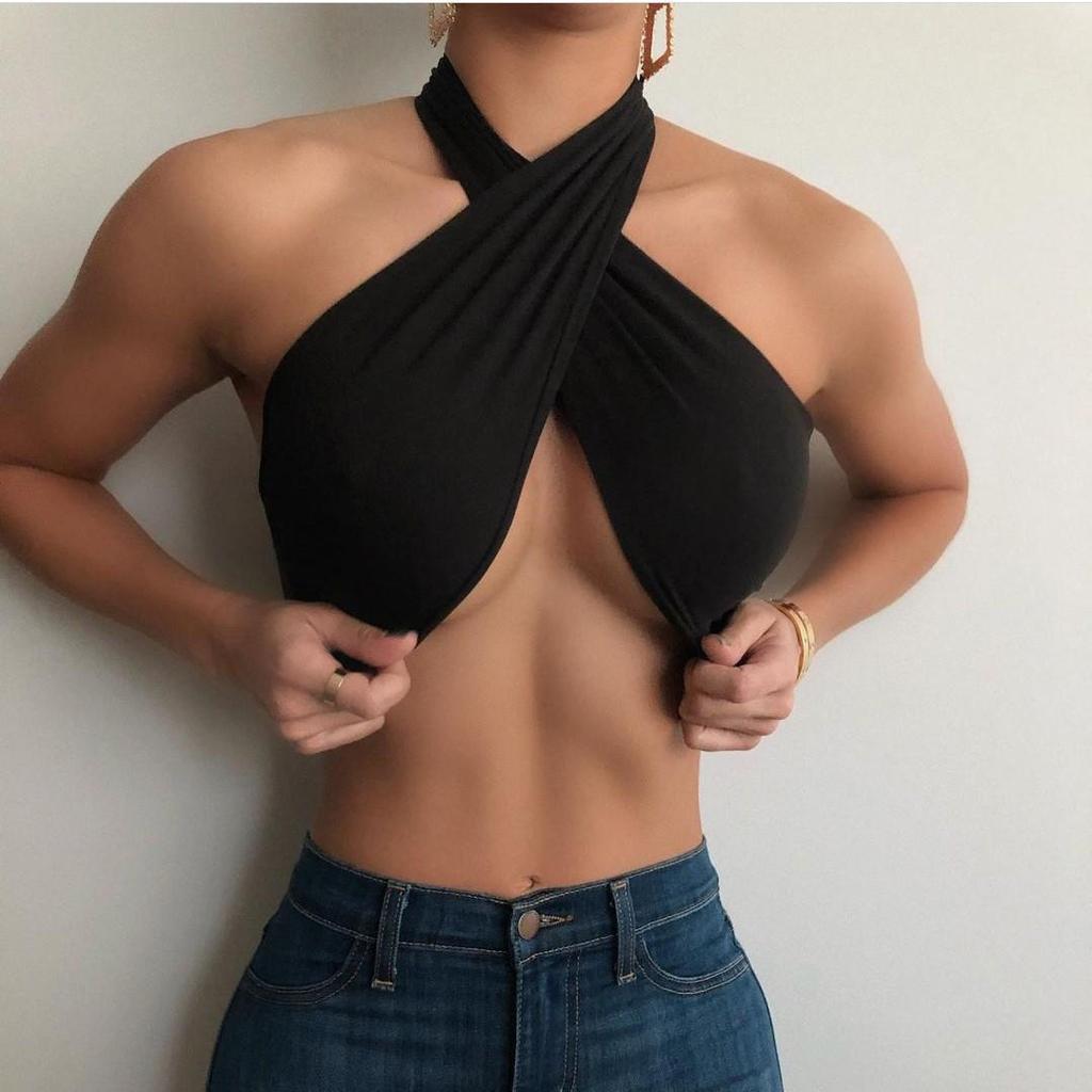Spring Women's Solid Color Halter Neck Bandeau Top with Tie-up Chest Wrap