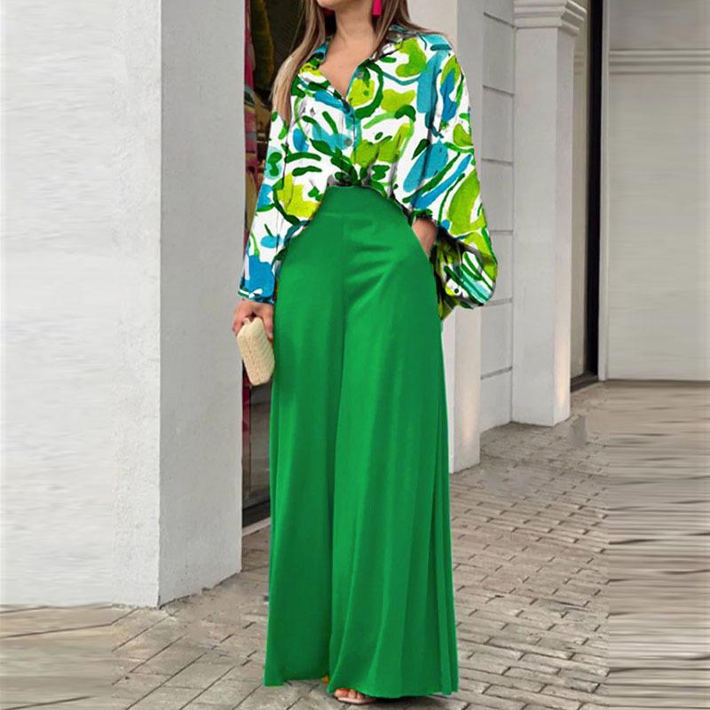 Elegant European & American Women's Printed Shirt & Wide-Leg Pants Set