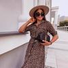 2024 Autumn European & American Mid-Length Leopard Print Dress with Roll-Up Sleeves