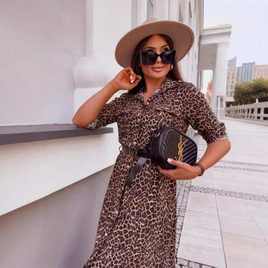 2024 Autumn European & American Mid-Length Leopard Print Dress with Roll-Up Sleeves