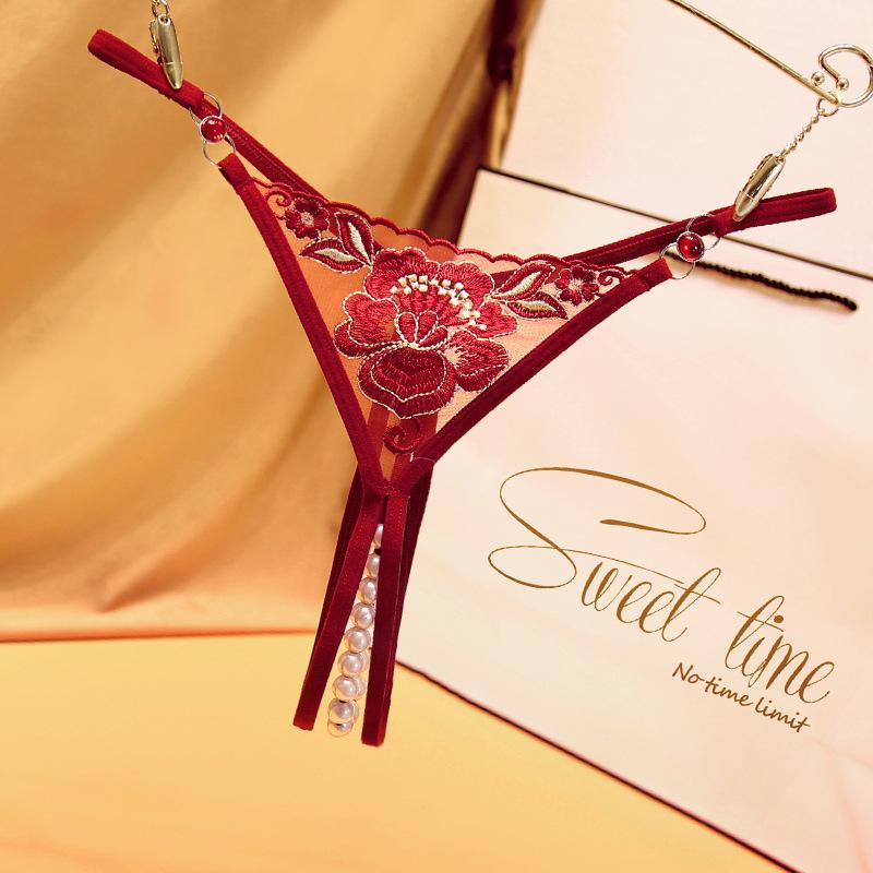 Temptation Rhinestone Beaded Thong - Women's See-Through Embroidered Open Crotch Sexy Panties 2270