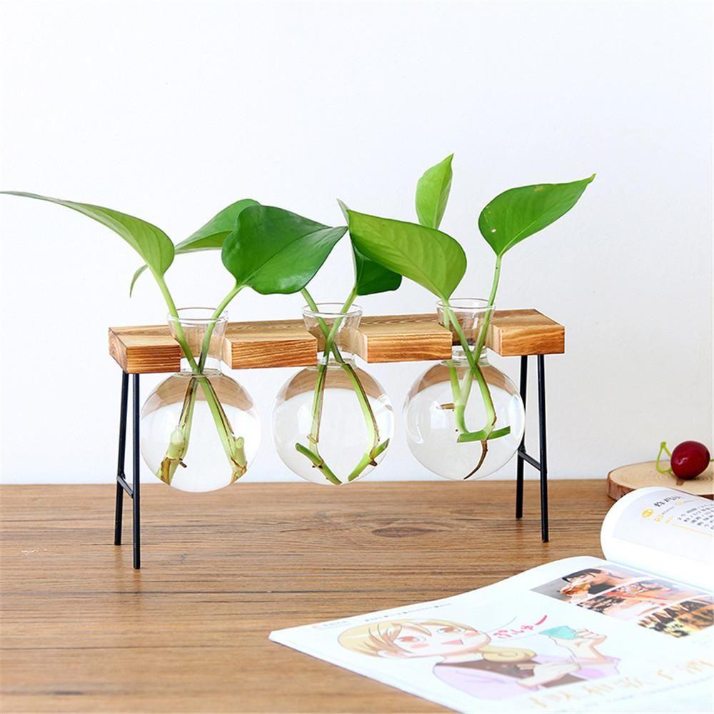 Vintage Bonsai Flower Pot Hydroponic Plant Vases Glass Vase Terrarium Tabletop Tray Wooden Frame Home Decor