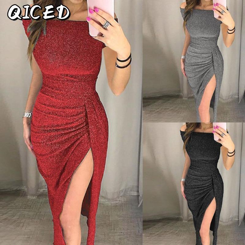 QICED Fashion Summer Spring Solid Color Print Short Sleeve Casual Dresses