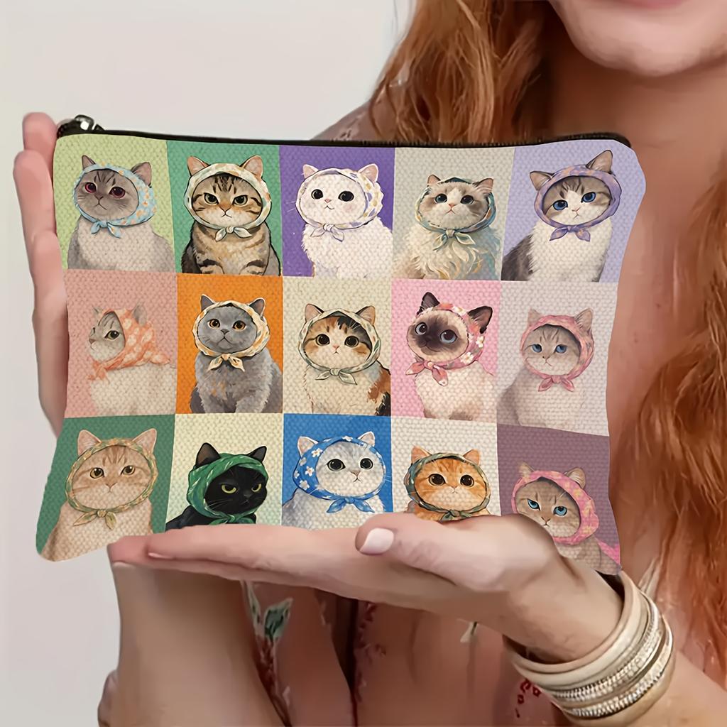 Adorable Cat Headscarf Makeup Bag Portable Travel Organizer Pouch Storage for Daily Use Zipper Closure Pencil Case