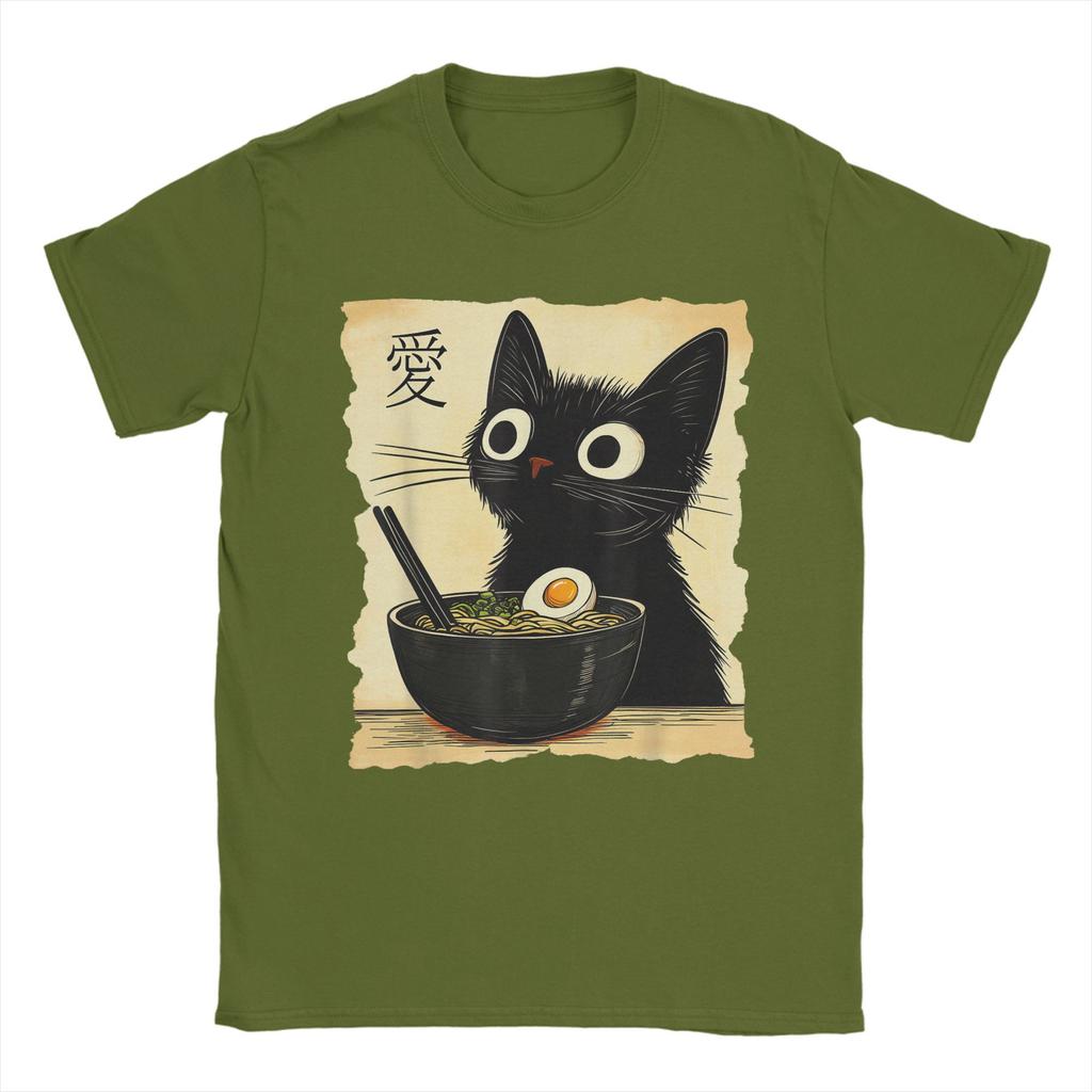 Men's Japanese Black Cat Ramen T Shirts Kawaii Noodle Cat Cotton Clothing Creative Short Sleeve Crew Neck Tees Summer T-Shirt