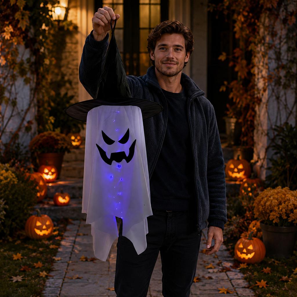 Halloween Hanging Ghost Decoration with Witch Hat and LED Lights for Indoor Outdoor Party Haunted House Yard Hanging Decor