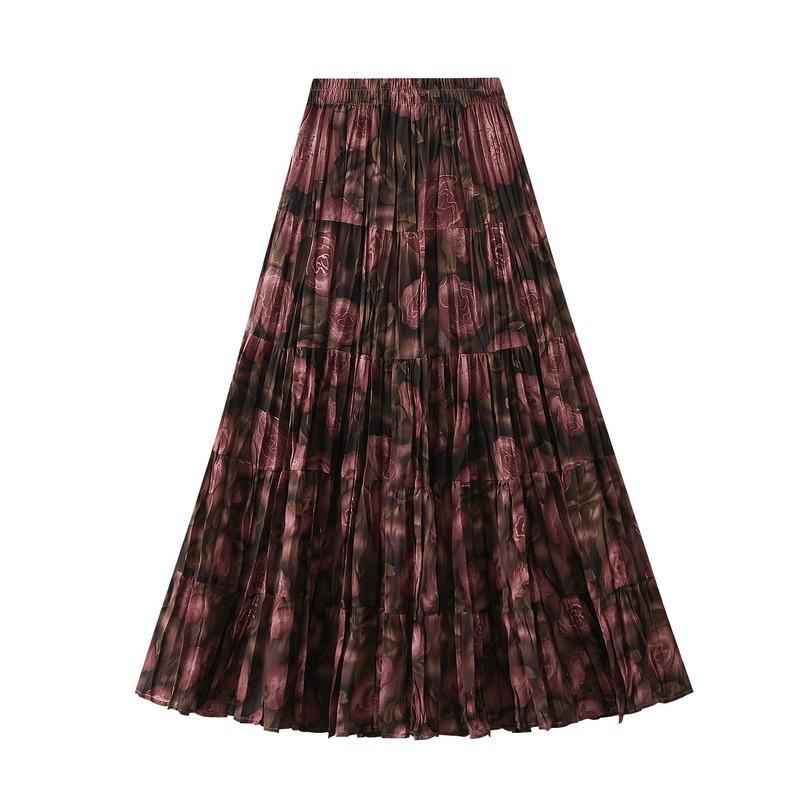 Qooth Elegant Women A Line Pleated Flower Skirt Midi Length Elastic Waist Casual Skirt QT2753