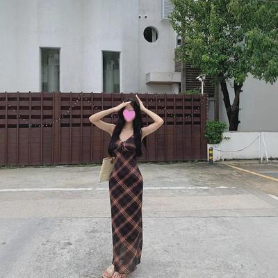 Summer Women's Retro V-Neck Rhombus Mesh Sleeveless Backless Dress