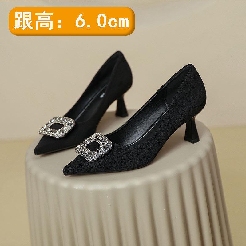 Pointed Rhinestone Square Buckle High Heels Women's Thin Heels 2025 New Spring and Autumn Not Tired Feet Black Suede French Single Shoes