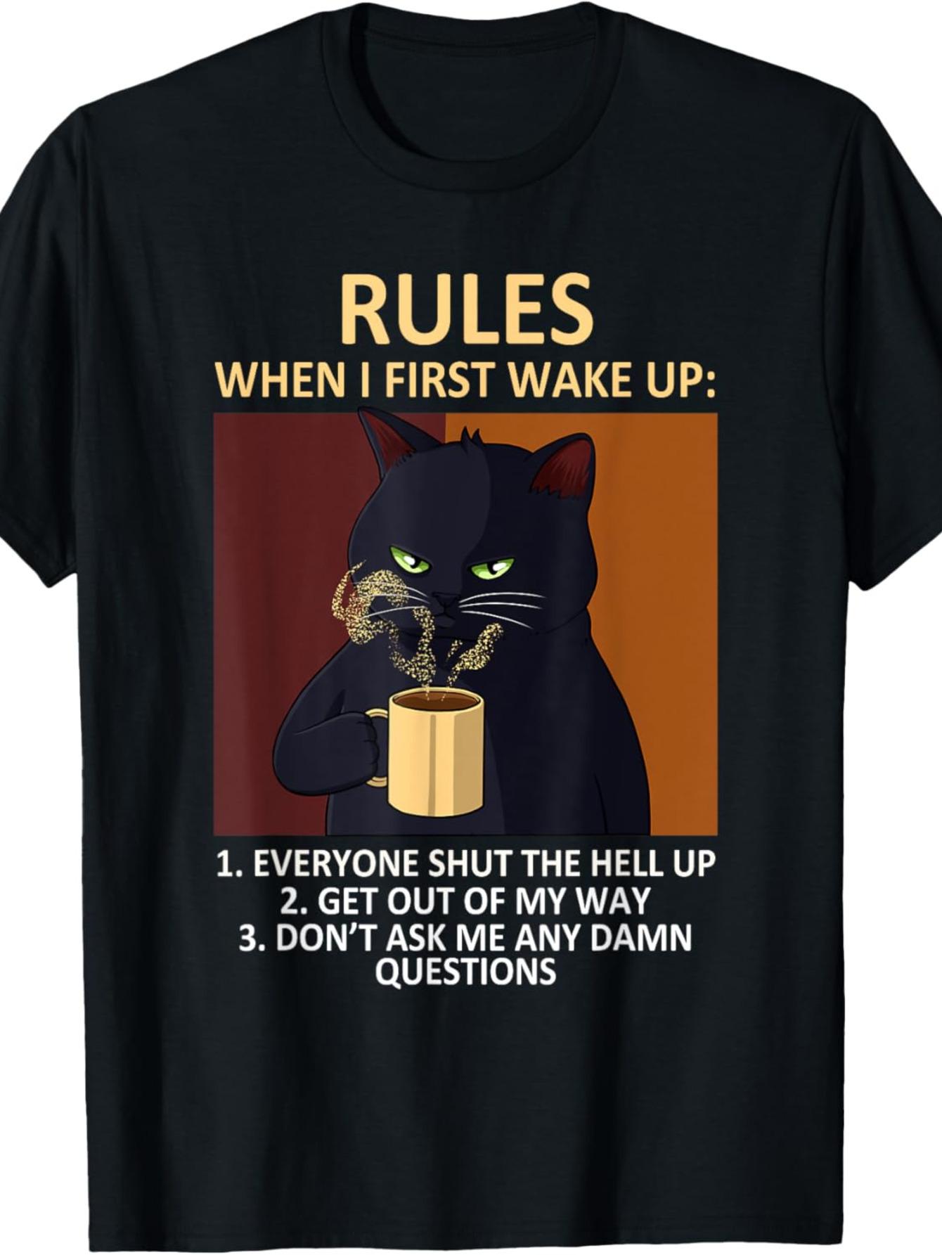 Funny Cat Drinking Coffee Graphic TShirt for Men  Rules for Life Design 100 Cotton S