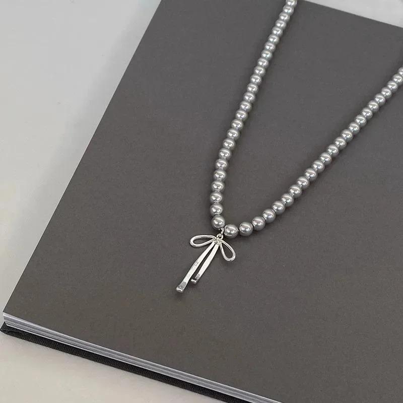 Pearls Bowknot Gray Tie Pendant Earrings Necklace for Women Girls Graceful Butterfly Choker Chain Jewelry Gift Accessories Gifts