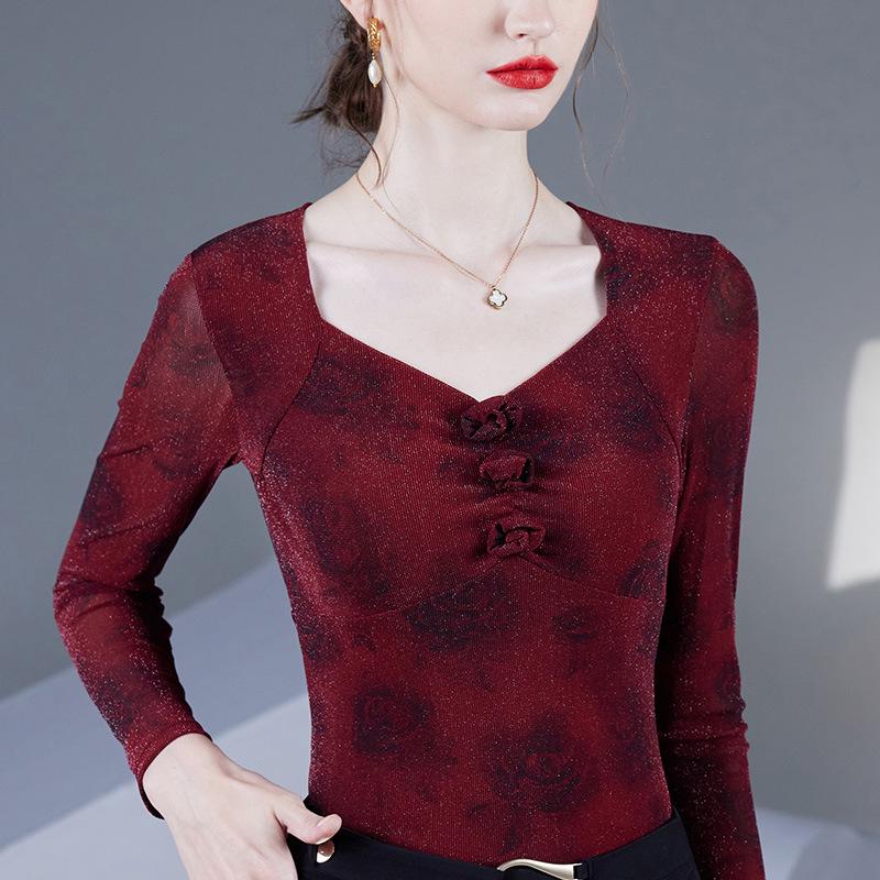 2025 Spring/Autumn Rose Print Square Neck Mesh Blouse - Long Sleeve Women's Fashion Top