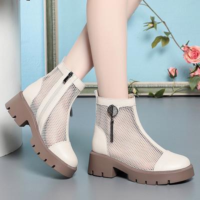 High Heel 4.5cm New Genuine Leather Martin Boots Women's Thin Mesh Breathable Hollow Thick Sole Increase Versatile Casual Short Boots Mesh Boots