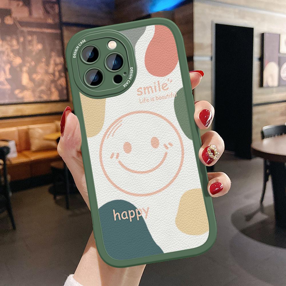 Slim Skin Feeling Cartoon Happy Smile Soft Silicone PU Leather Cover Phone Case for iPhone Samsung Huawei Honor Xiaomi Redmi OPPO Realme Vivo