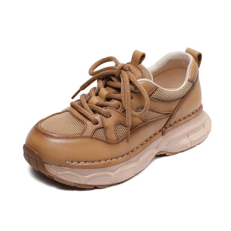 Fashion 4CM New Fashion Women Thick Bottom Casual Sneakers Lace-Up Genuine Leather Air Mesh Breathable College Style Flat Platform Shoes