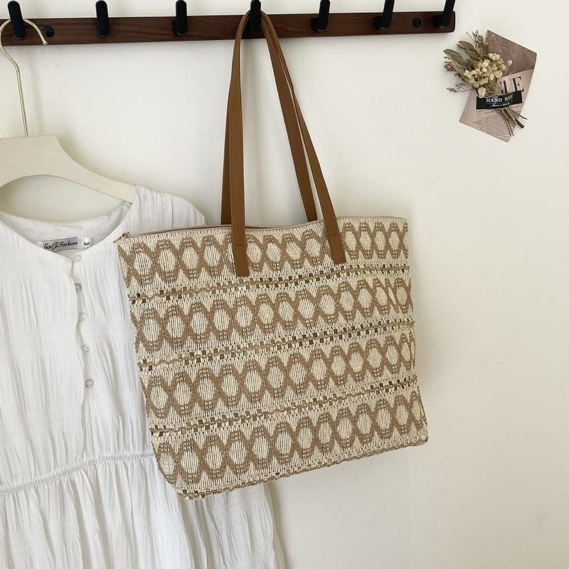 Splicing shoulder woven bag paper rope straw bag large capacity fashion beach bag casual women's bag