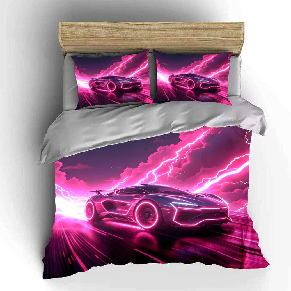 Cyberpunk Pink Neon Futuristic Sports Car Bedding Set,Purple Lightning Glow Hypercar Racing Print 3pc For Racing Fans