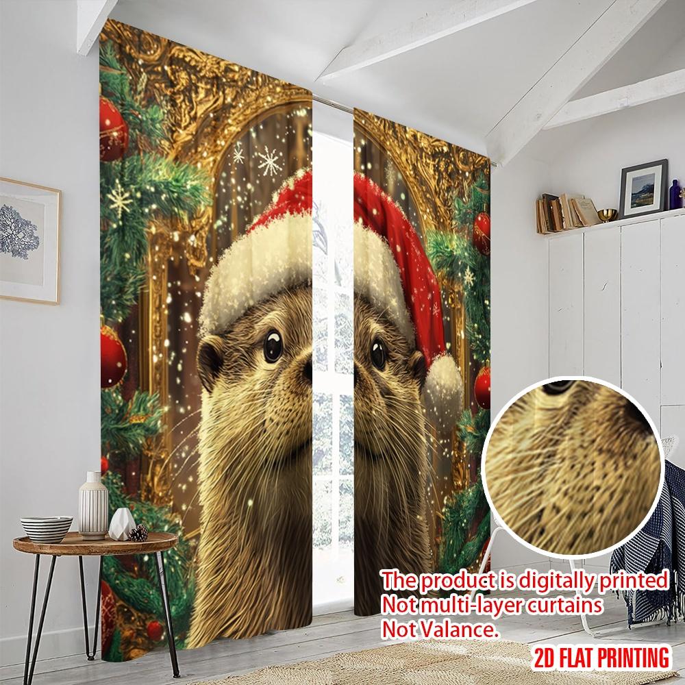 2pcs,2D plane printing Light Filtering Curtains Cute Otter Christmas Hat (3) Versatile Durable Polyester (without rod) Holiday