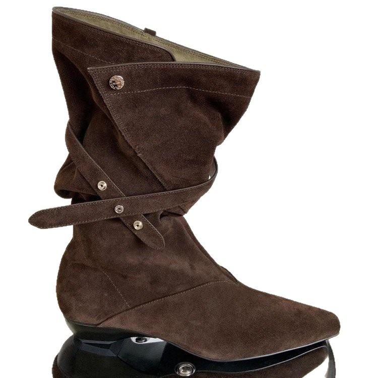 Sheepskin Version~ Korean Version Pointed Head Thick Heel Western Cowboy Boots Women's Autumn and Winter Leather Thick-soled Wide Tube Stacking